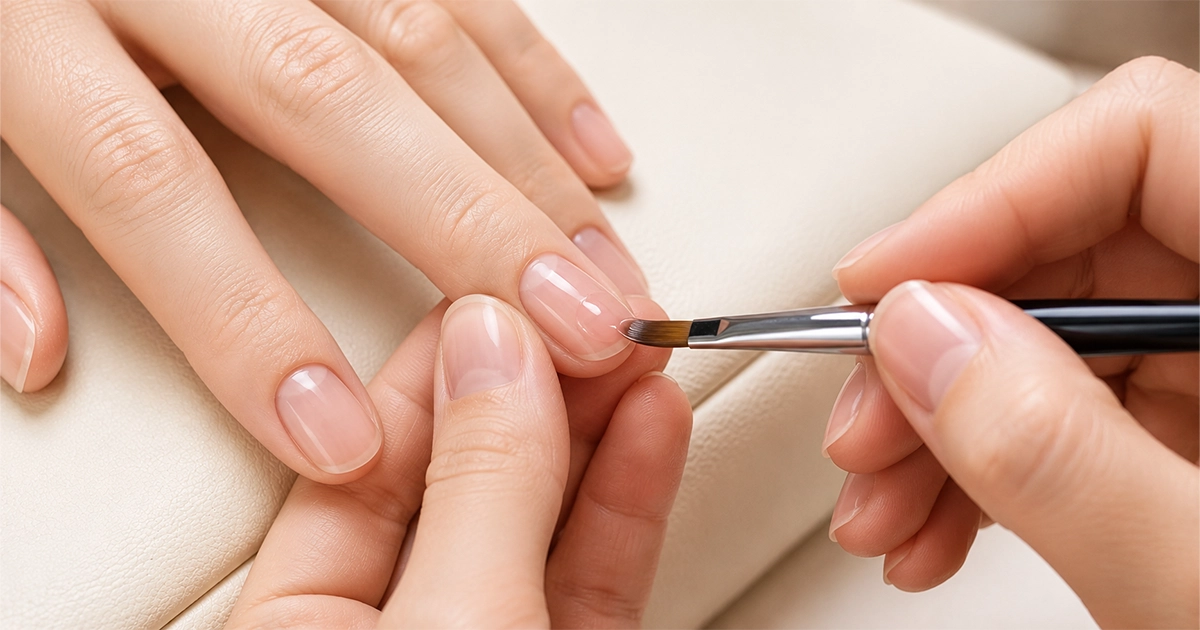 Nail technician carefully sculpting a natural nail with builder gel