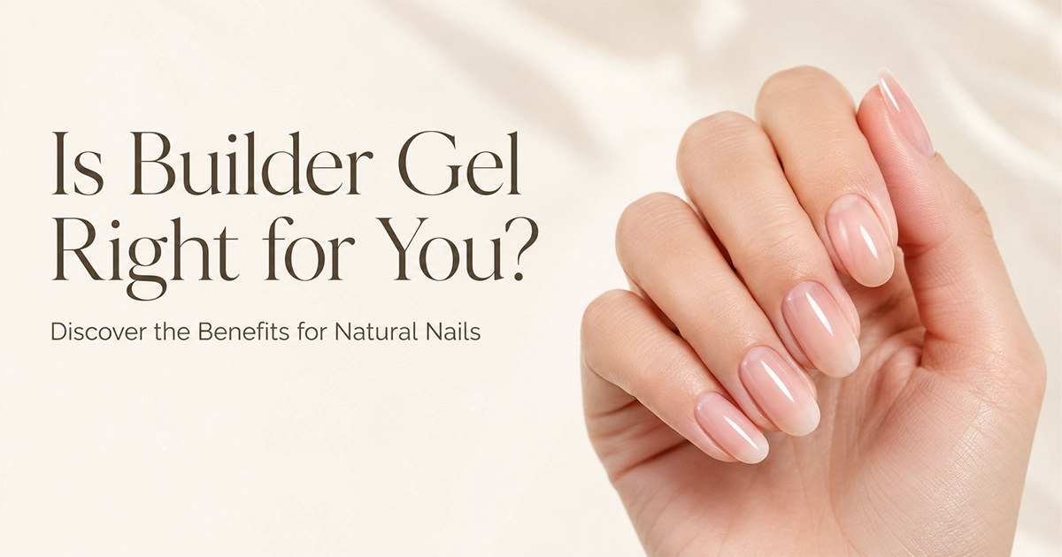 Natural glossy builder gel manicure with the words Is Builder Gel Right for You